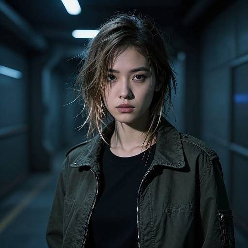 Photograph of a young Asian woman with messy brown hair, wearing a dark green jacket over a black shirt, standing in a dimly lit, blue