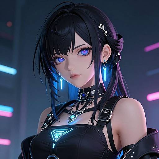 Digital anime-style portrait of a pale-skinned woman with black hair, glowing blue eyes, and futuristic black leather attire. Neon lights illuminate her in a