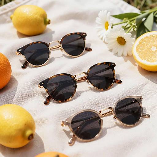 Photograph of four tortoiseshell sunglasses with dark lenses, arranged on a white cloth, surrounded by lemons, an orange, and white d