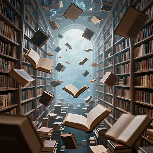 Photograph-like digital illustration of a library aisle with floating open books ascending towards a bright, arched window at the end.