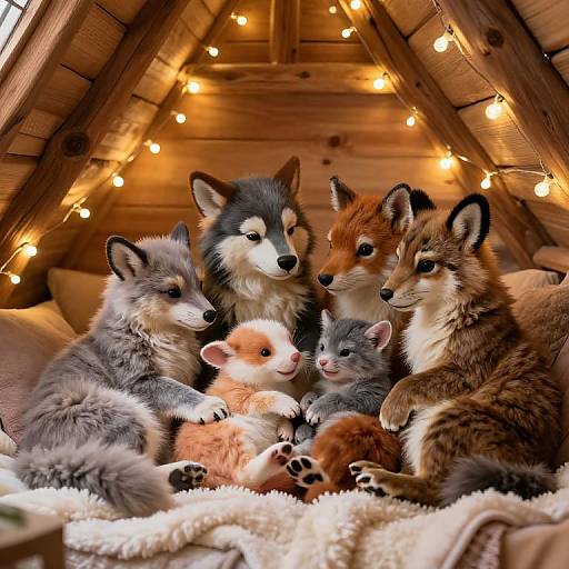 Photograph-style CGI of six fluffy, adorable fox and wolf puppies, including a small red panda, snuggled together on a cozy wooden attic bed