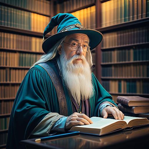 Elderly Wizard Reading in Library