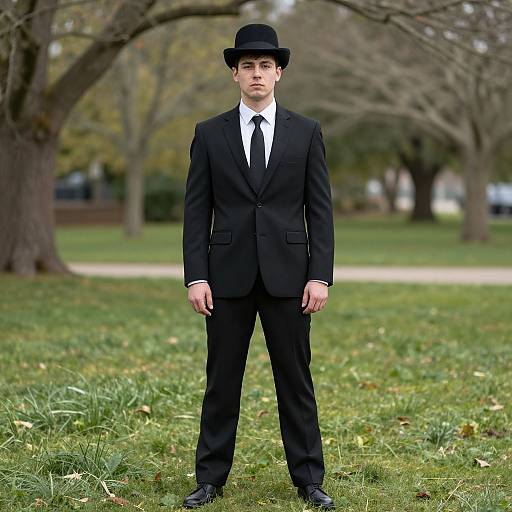 Photograph of a young Caucasian man in a black suit, white shirt, black tie, and black hat standing on grass in a park with bare trees