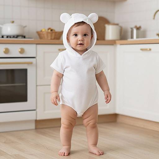 Photograph of a cute, fair-skinned baby wearing a white onesie with bear ears, standing in a bright, modern kitchen.