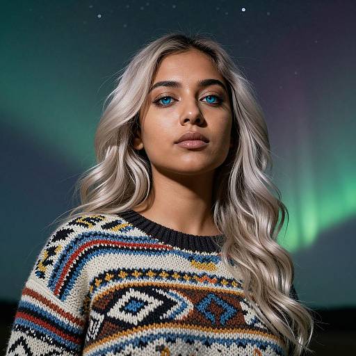 Photograph of a young woman with long, wavy platinum blonde hair, wearing a colorful, patterned knit sweater, against a backdrop of vibrant green