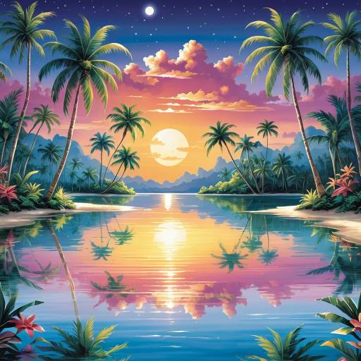 Serene Sunrise Beach with Moonlit Lake Serene Sunrise Beach with Moonlit Lake