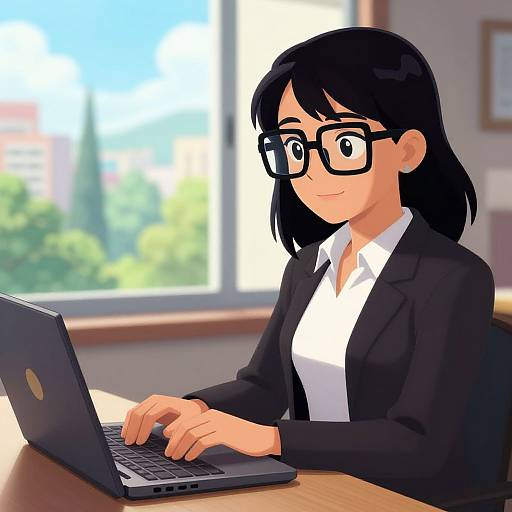 Anime-style digital drawing of a black-haired, bespectacled woman in a black suit and white shirt, typing on a laptop in a sunlit