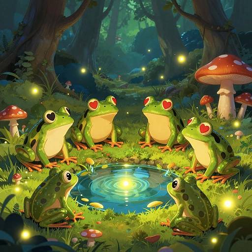 Whimsical digital painting of six green frogs with red eyes, gathered around a glowing pond in a magical forest, surrounded by fireflies and red-and