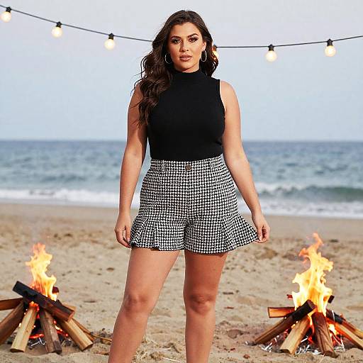 Photograph of a curvy woman with long brown hair, wearing a black sleeveless top and black-and-white checkered skirt, standing on a sandy