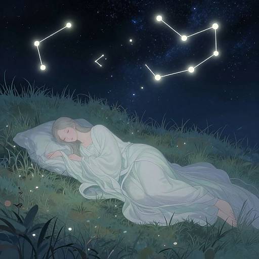 Digital painting of a sleeping woman in a white dress under a starry night sky, with constellation lines above. She lies on grass with a pillow,