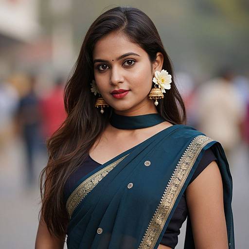 Photograph of an Indian woman with long dark hair, wearing a black saree with gold trim, choker, and gold earrings, standing in a