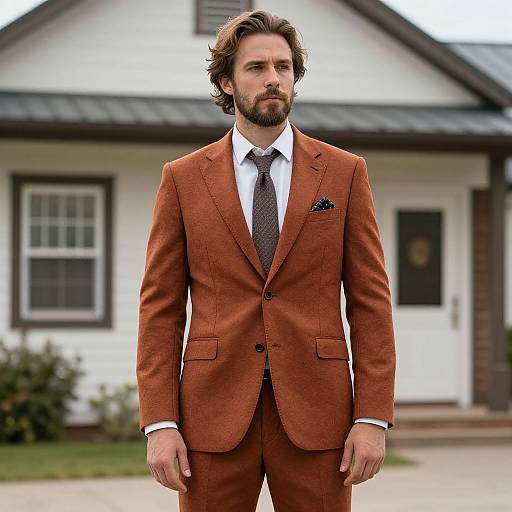 Photograph of a bearded man with wavy brown hair, wearing a rust-colored suit, white shirt, and patterned tie, standing in front