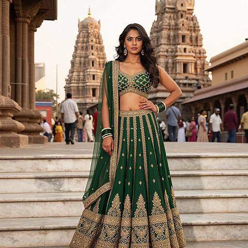 Photograph of an Indian woman with long black hair, green and gold embroidered traditional attire, standing on temple steps with ornate towers in the background,