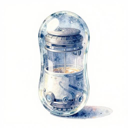 Watercolor-style digital illustration of a clear, cylindrical glass jar with a domed lid, housing a complex mechanical device with gears and wires inside.