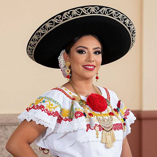 Photograph of a smiling Latina woman in traditional Mexican attire, wearing a large black sombrero with white patterns, white embroidered blouse, red flower, gold
