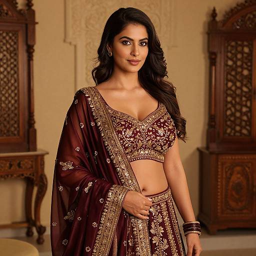 Photograph of a beautiful South Asian woman with long black hair, wearing a maroon and gold embroidered traditional outfit, standing in a warmly lit, orn