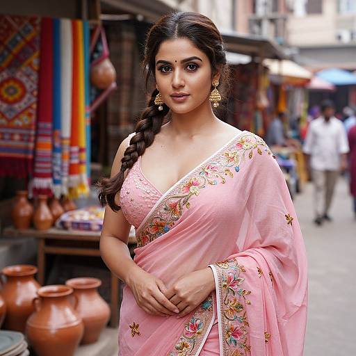 Photograph of a beautiful Indian woman with long dark hair in a braid, wearing a pink saree with floral embroidery, standing in a bustling market