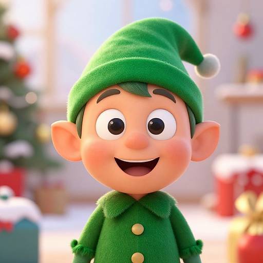 CGI image of a cheerful, cartoon-style elf with green hat and coat, large eyes, and rosy cheeks, in a brightly lit, festive