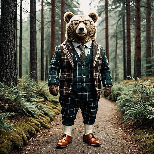 Sophisticated Bear in Plaid Wool Suit in Forest