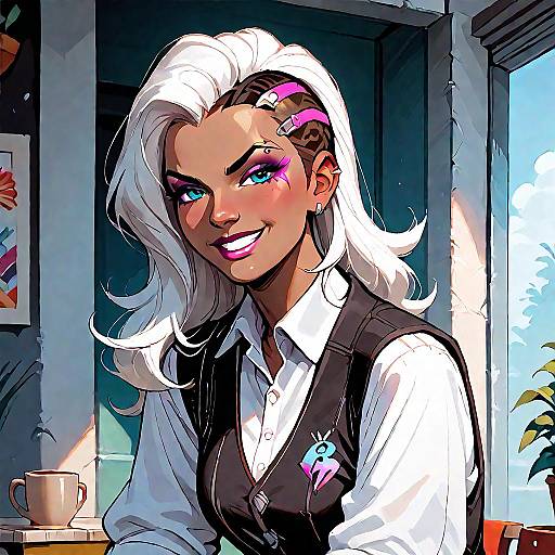 Stylish Woman with White Hair and Smirk in Cafe