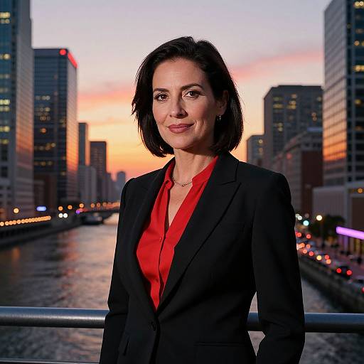 Photograph of a confident woman with short black hair, wearing a black blazer and red shirt, standing on a city bridge at sunset, with skys