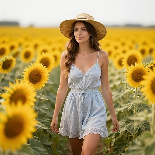 Photograph of a young woman with long brown hair and fair skin, wearing a white lace sundress and straw hat, standing in a sunlit sun