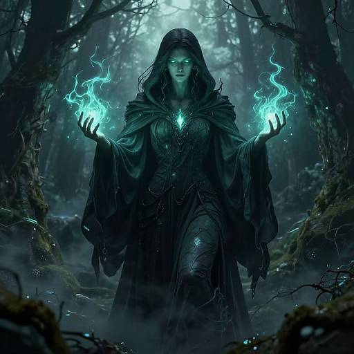 Digital fantasy artwork of a mysterious, dark-robed woman with glowing blue eyes and hands, conjuring blue flames in a misty, dark forest.