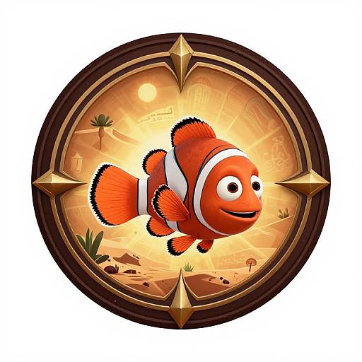 Digital illustration of a cheerful, orange clownfish with black and white stripes, centered in a circular, glowing, desert-themed emblem.