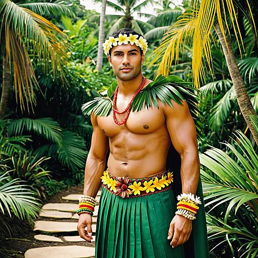 Polynesian Man in Traditional Hula Outfit