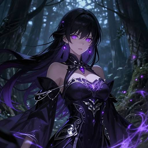 Digital anime-style drawing of a mysterious, dark-haired woman with glowing purple eyes, wearing an ornate black dress with purple accents, in a moonlit