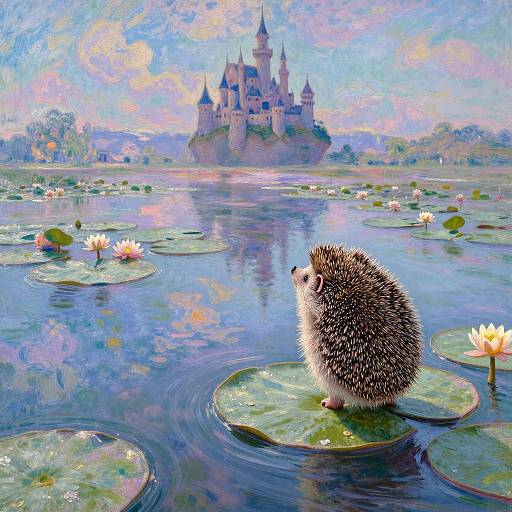 Digital painting of a cute hedgehog on a lily pad in a serene, reflective pond with blooming lotuses, looking at a distant, colorful