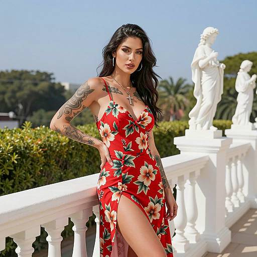 Elegant Woman in Floral Dress on Balcony