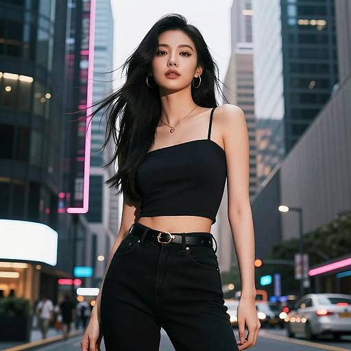 Photograph of a confident Asian woman with long black hair, wearing a black crop top and high-waisted jeans, standing in a neon-lit