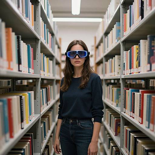 Photograph of a brunette woman in a black sweatshirt and jeans, wearing blue sunglasses, standing in a library aisle with colorful bookshelves on both