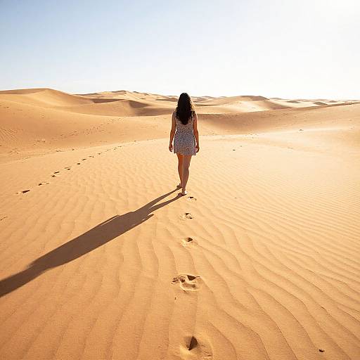 Photograph of a woman with long dark hair walking alone in a vast, sunlit desert, casting a long shadow on the rippled sand.