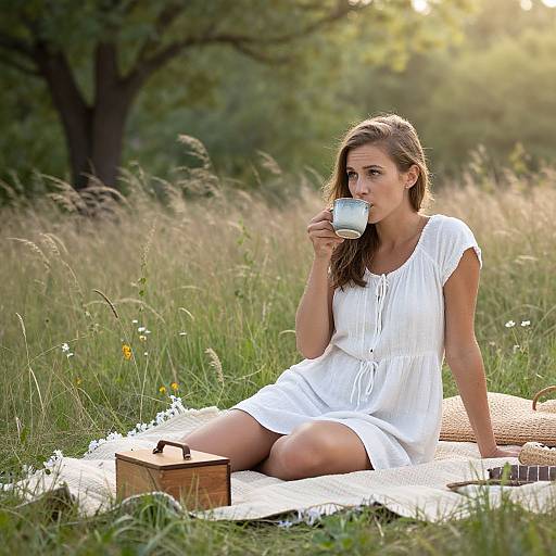 Photograph of a young woman with light brown hair, wearing a white, short-sleeve dress, sitting on a blanket in a grassy me