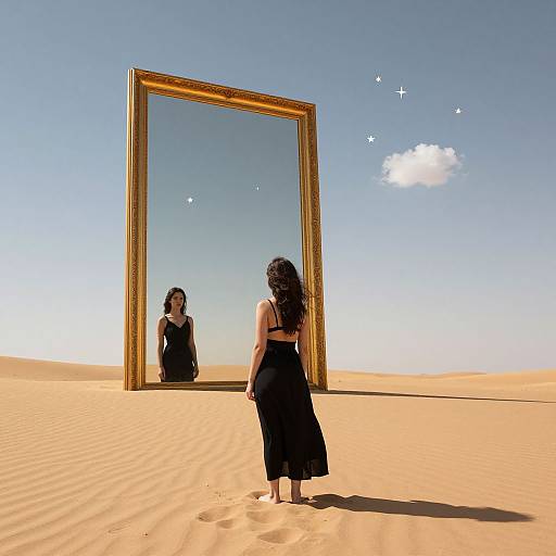 Photograph of a woman with long black hair, wearing a black dress, standing in a desert, facing a large golden mirror reflecting her image under a
