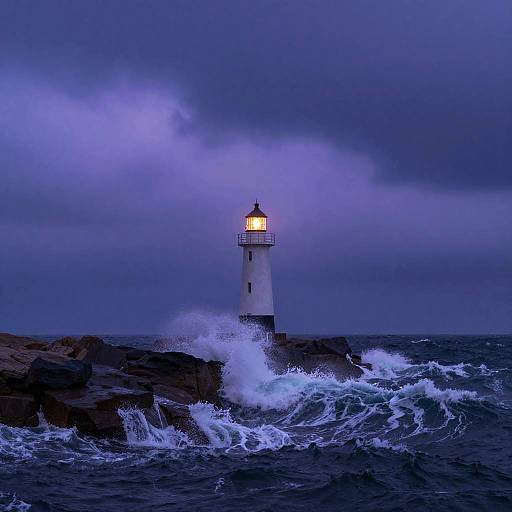 Photograph of a lit lighthouse standing on rocky coast, waves crashing against it, under a dark, stormy, blue-purple sky.