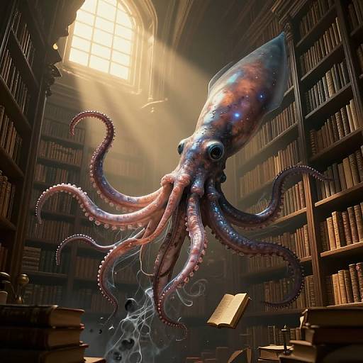 Digital artwork of a glowing, galaxy-patterned octopus with pink and purple tentacles floating in a dimly lit, sunlit library filled with book