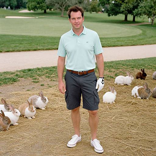 Photograph of a middle-aged man in a light blue polo, dark shorts, and white sneakers, standing in a grassy field with white and brown