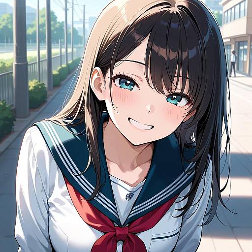 Smiling Schoolgirl in Uniform Outdoors