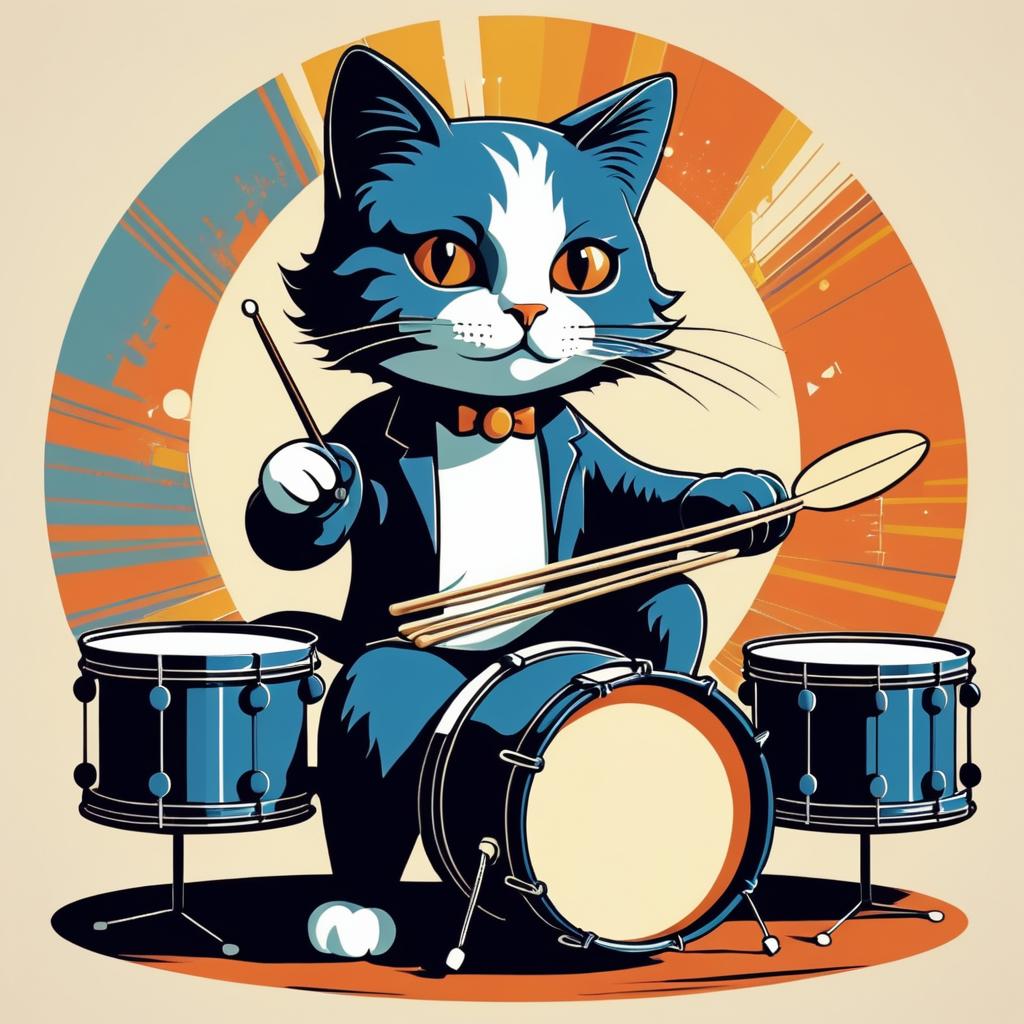 Retro 2D Cat Drummer Art Illustration