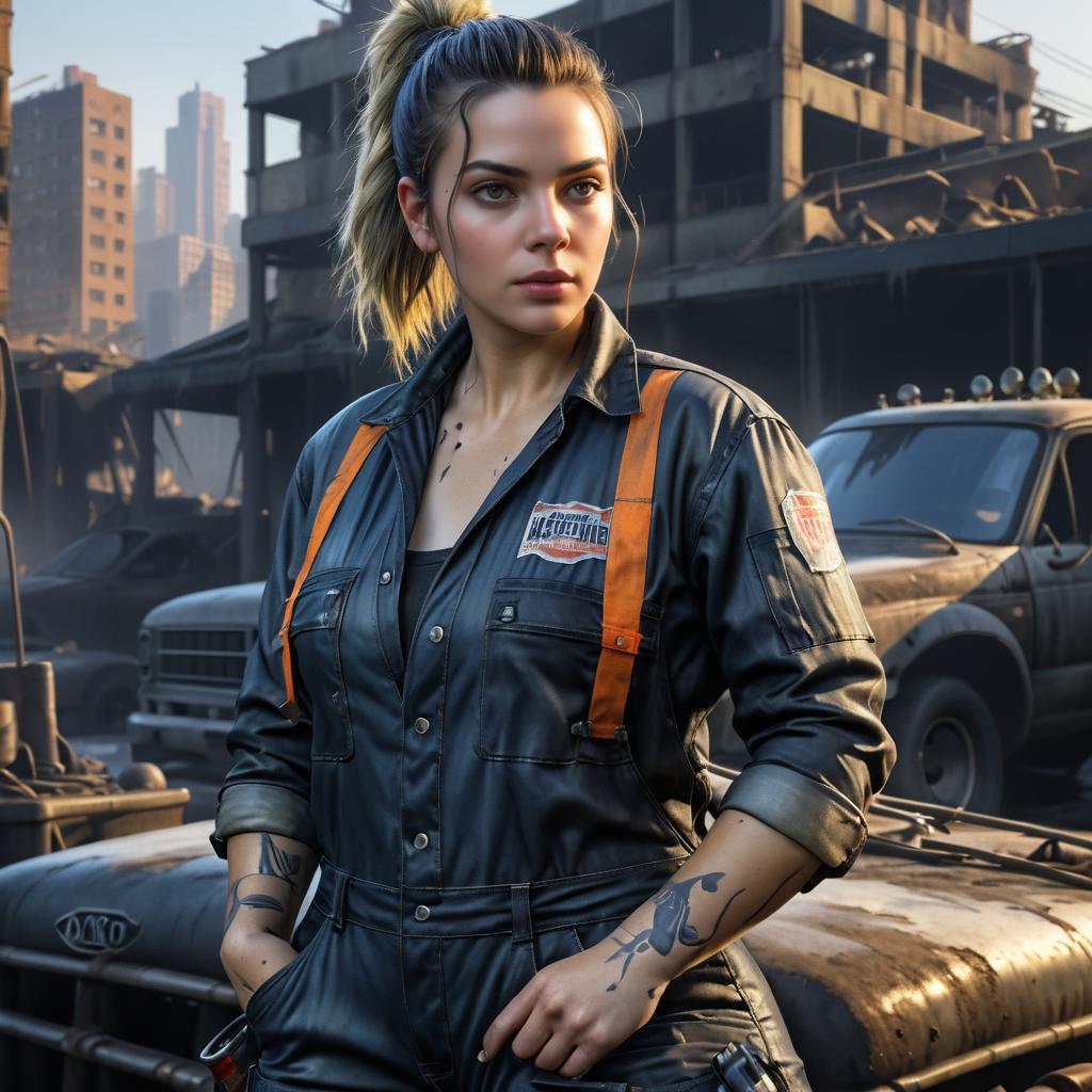 Heroic Female Mechanic in Apocalyptic City