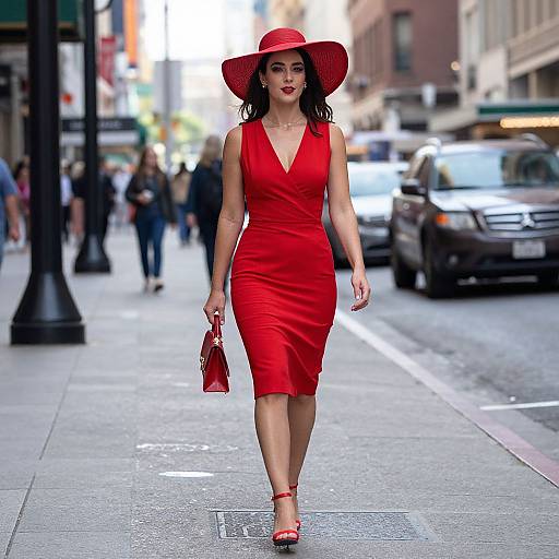 Photograph of a confident woman in a red dress, matching hat, and heels, holding a red purse, walking on a busy urban street.