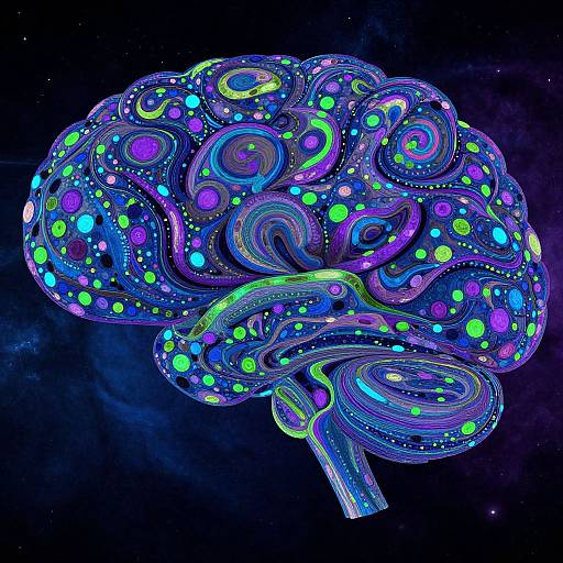 Digital art of a glowing, intricately detailed brain with vibrant blue, purple, green, and yellow swirling patterns against a dark, starry background.