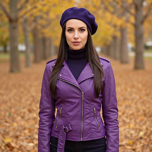 Brunette Woman in Purple Leather Jacket