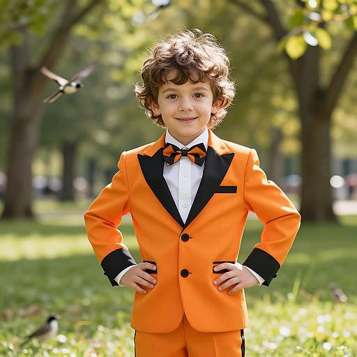 Photograph of a young boy with curly brown hair, wearing an orange tuxedo with black trim and bowtie, standing confidently in a sunlit