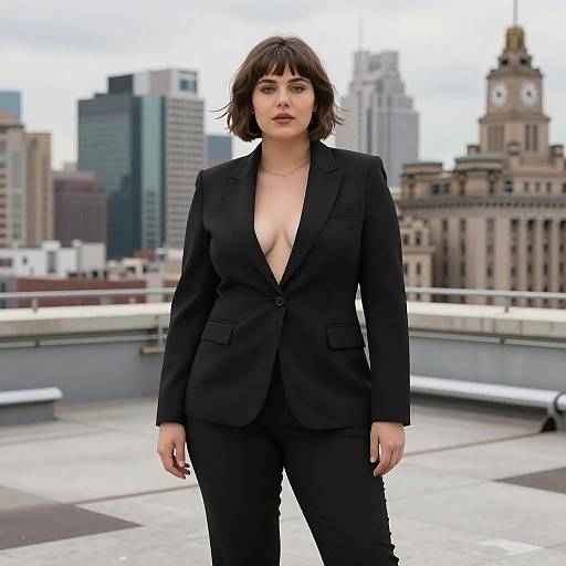 Confident Woman in Black Blazer on Rooftop