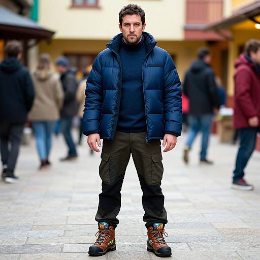 Photograph of a bearded man in a dark blue puffer jacket, black sweater, cargo pants, and brown boots, standing in a blurred,