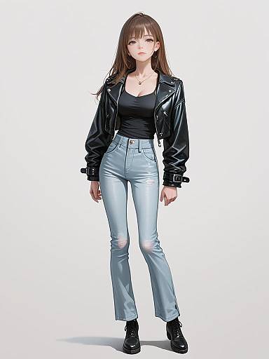 Digital illustration of a slim, brown-haired woman in a black leather jacket, black top, light blue jeans, and black ankle boots. White background.